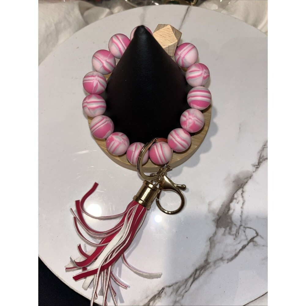 Silicone Beaded Wristlet Keychain Bracelet Tassel Key Ring Holder